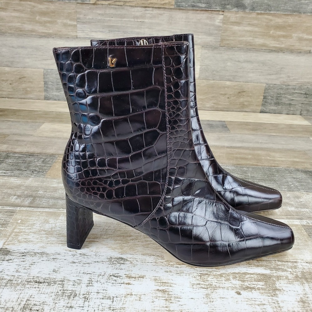 Larroude Alexis Womens Boots Sz 8.5 Soft Croco Dark Oak Pointed Toe Block Heel
